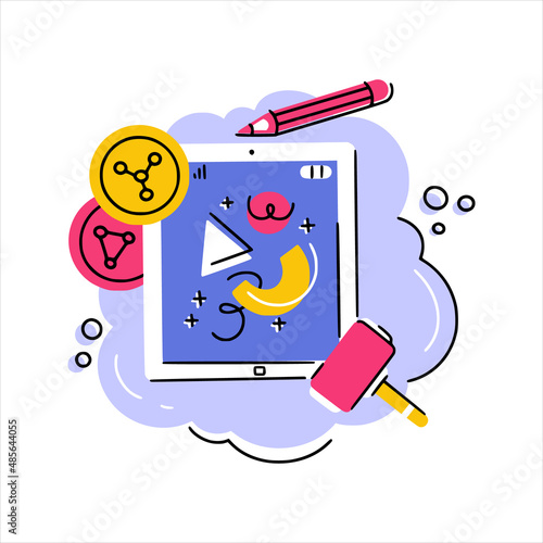 Concept illustration of NFT art as famous painting on tablet with crypto coins, pencil and auction hammer. Good for stickers, articles, web and apps.