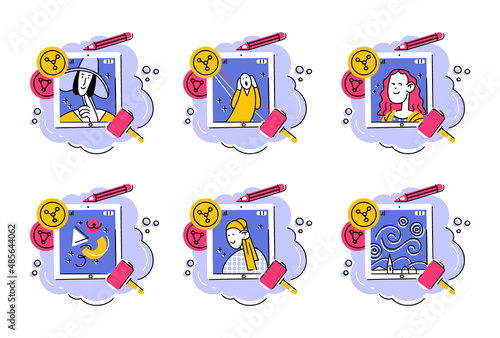 Set of 6 concept illustrations of nft art with famous paintings on tablet with crypto coins, pencil and auction hammer. Good for stickers, articles, web and apps.