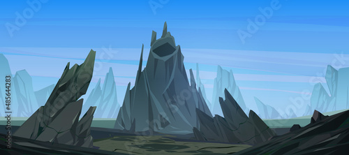 Mountain landscape with dormant volcano. Vector cartoon illustration of nature scene with rocks, cliffs, extinct volcano with crater and cover of frozen lava, solidified magma flows