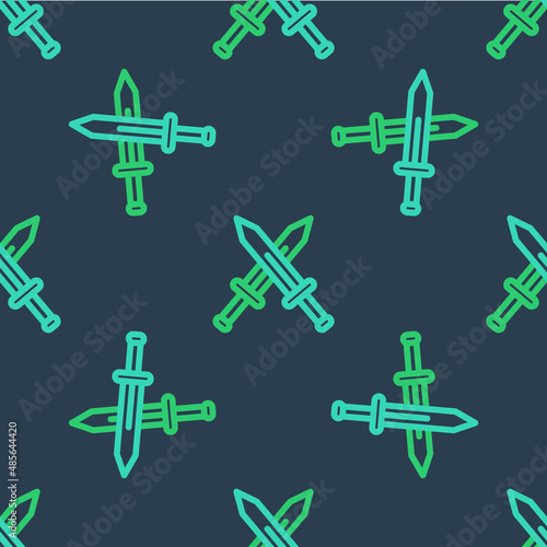 Line Crossed medieval sword icon isolated seamless pattern on blue background. Medieval weapon. Vector
