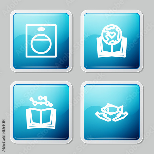 Set line Battery in pack, Earth globe and book, Open and Fish care icon. Vector