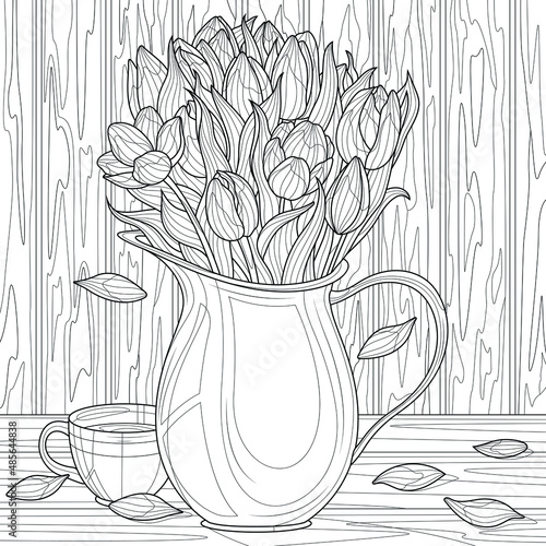  Tulips in a jug on the table and a cup.Coloring book antistress for children and adults. Illustration isolated on white background.Zen-tangle style. Black and white drawing