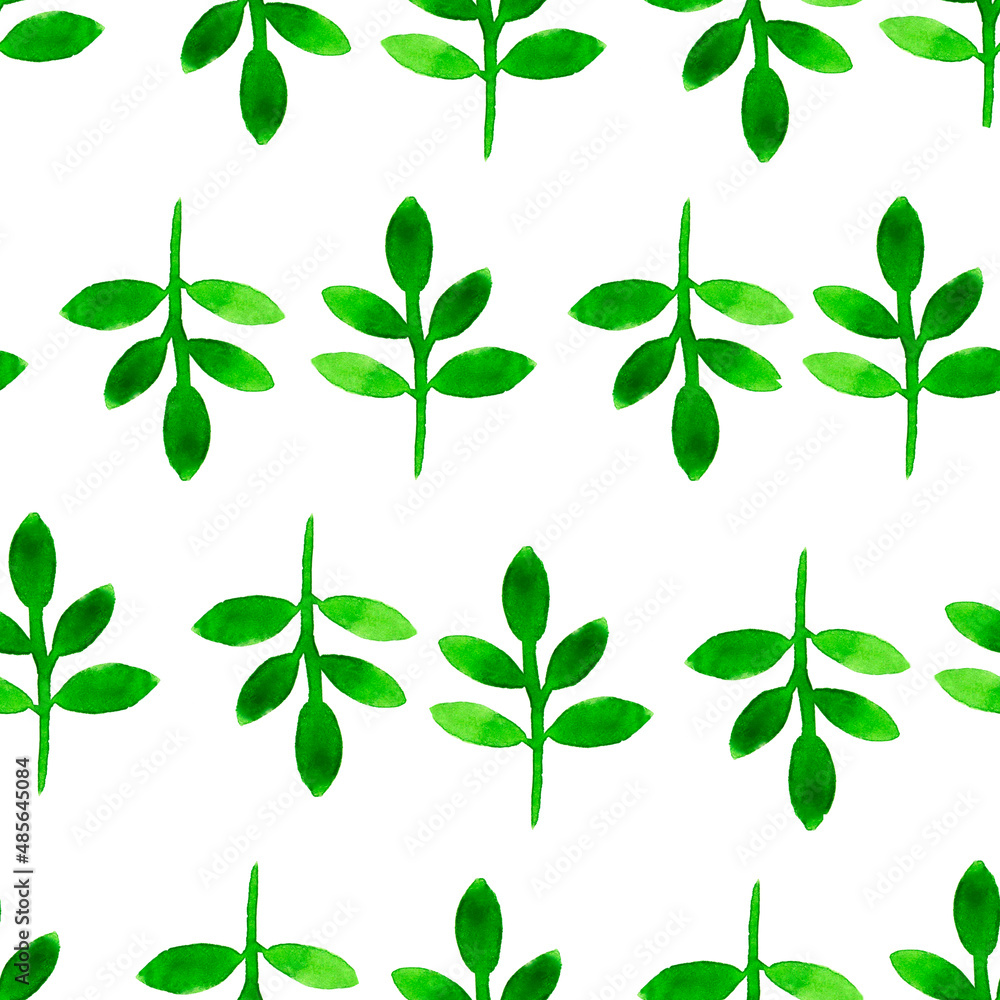 Seamless spring pattern of watercolor green twigs with leaves