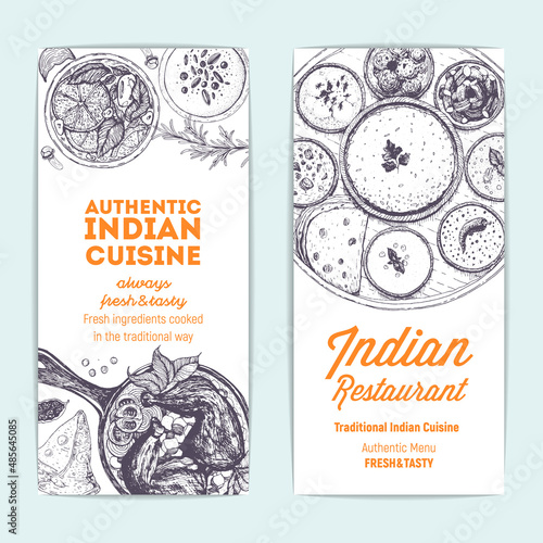 Indian food vintage design template. Banners collection. Vector illustration hand drawn linear art. Indian Cuisine restaurant menu flyers. Hand drawn sketch.