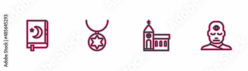 Set line Holy book of Koran, Church building, Star David necklace on chain and Man with third eye icon. Vector