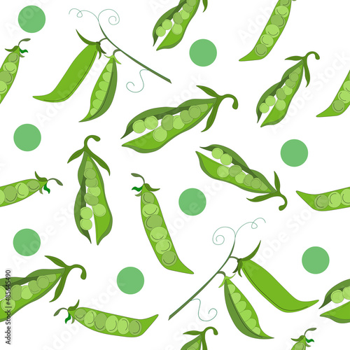 Seamless Endless pattern of Green peas and an open pea pod. Healthy Vegetarian Food. Vector of Doodles. Suitable for branded wrapping paper, napkins and packaging of raw, canned, frozen green peas.