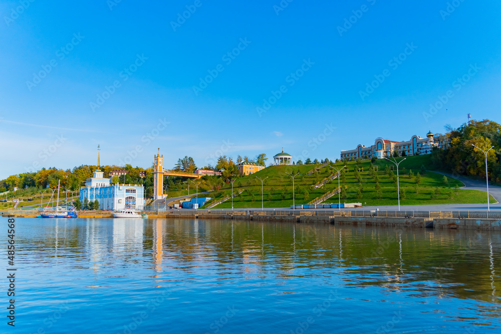 Imitation of an old building on the river bank. No artistic or historical value, a modern building. Park area for recreation by the river. Not far from the city of Khabarovsk. The Amur River. 