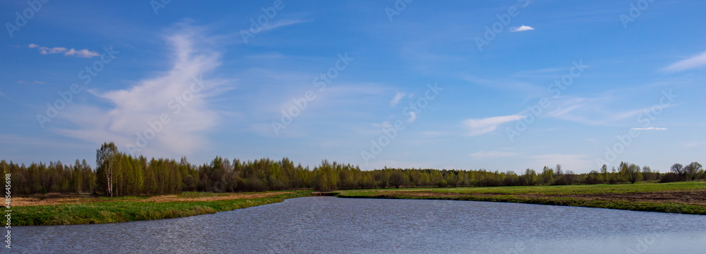 Spring background with a beautiful landscape on the river, nature in summer