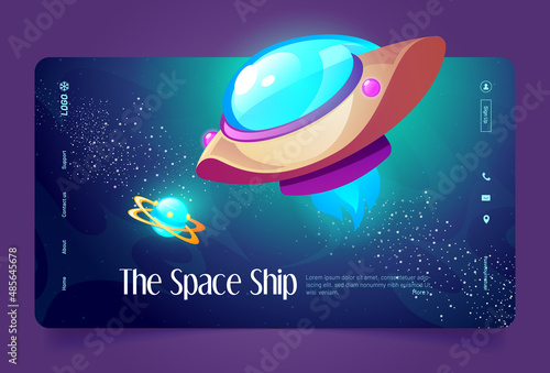 Space ship banner with shuttle and satellite in cosmos. Vector landing page with cartoon illustration of flying spaceship, futuristic rocket with blue fire on galaxy background