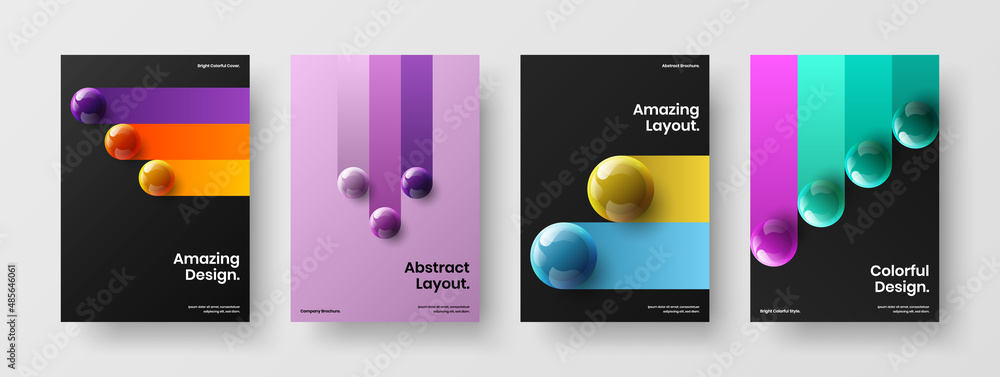 Minimalistic book cover A4 vector design layout set. Simple 3D balls poster concept composition.