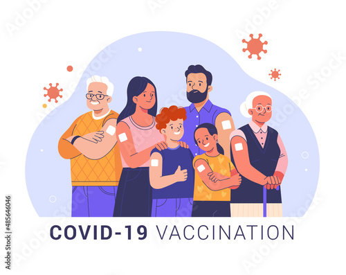 COVID-19 Family Vaccination concept. Vector cartoon illustration of a group of different ages people: adults, the elderly, and children with an adhesive plaster on their shoulder after vaccination