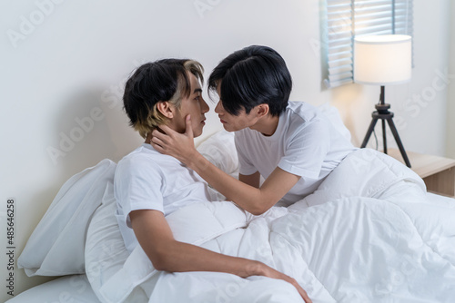 Asian attractive male LQBTQ starting foreplay and making love at home.  © Kawee