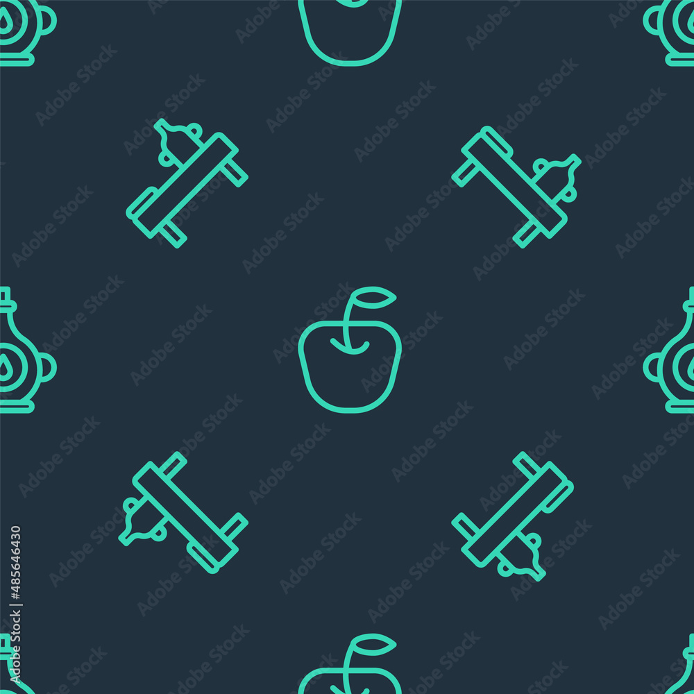 Set line Apple, Massage table with oil and Oil bottle on seamless pattern. Vector Set line Apple, Massage table with oil and Oil bottle on seamless pattern. Vector