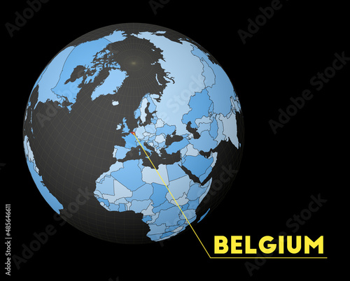 Belgium highlighted on a dark globe with a blue world map. A satellite view centered on Belgium with the country name displayed. Vector illustration.