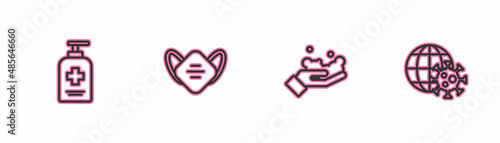 Set line Liquid antibacterial soap, Washing hands with, Medical protective mask and Earth globe virus icon. Vector