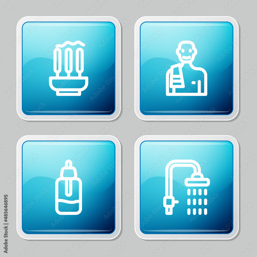 Set line Incense sticks, Man in the sauna, Essential oil bottle and Shower icon. Vector Set line Incense sticks, Man in the sauna, Essential oil bottle and Shower icon. Vector
