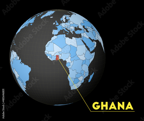 Ghana highlighted on a dark globe with a blue world map. A satellite view centered on Ghana with the country name displayed. Vector illustration.