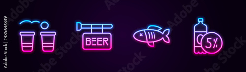 Set line Beer pong game, Street signboard with, Dried fish and bottle. Glowing neon icon. Vector