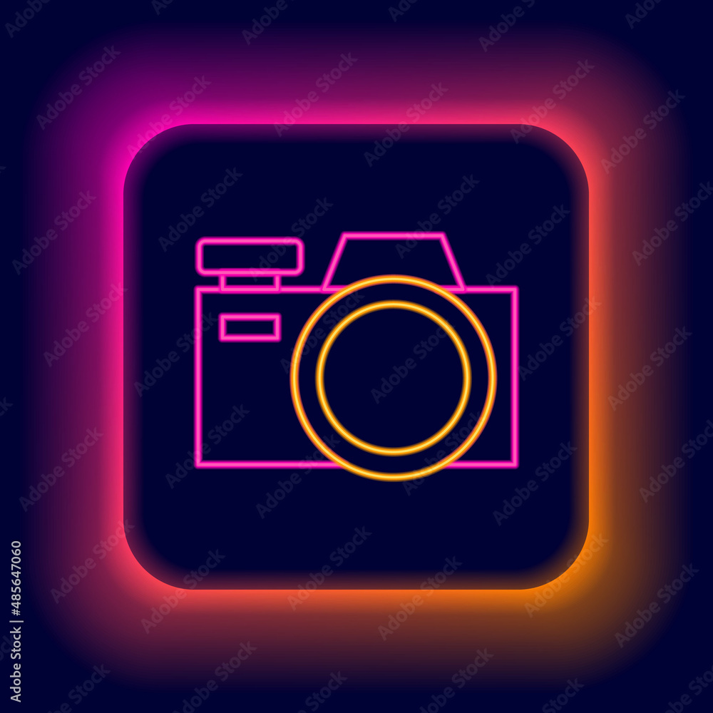 Glowing neon line Photo camera icon isolated on black background. Foto camera icon. Colorful outline concept. Vector Glowing neon line Photo camera icon isolated on black background. Foto camera icon. Colorful outline concept. Vector