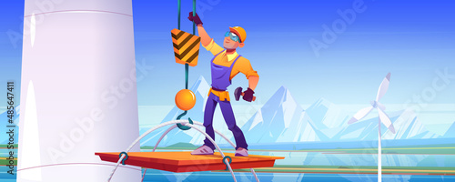 Crane lift up worker man for wind turbine maintenance. Vector cartoon illustration of mountain landscape, river, energy plant with windmills and man in helmet with hammer