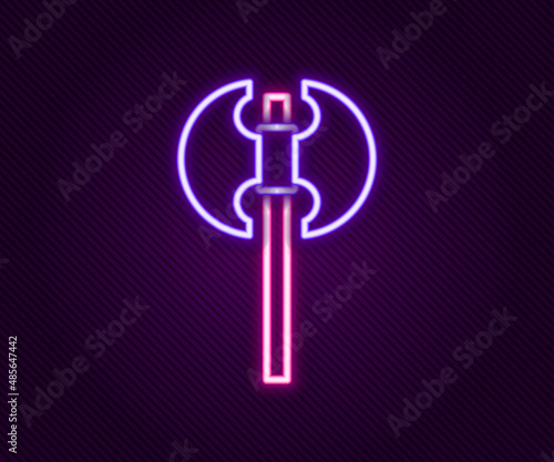 Glowing neon line Medieval axe icon isolated on black background. Battle axe, executioner axe. Medieval weapon. Colorful outline concept. Vector