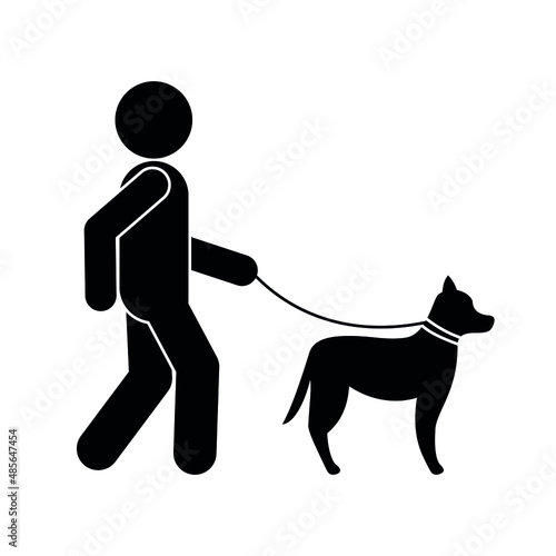 dog walking icon, man leads a pet on a leash, stick figure, isolated vector