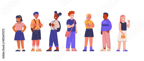 Primary School Children collection. Vector cartoon illustration of a group of diverse children, standing in full growth in casual closes with accessories. Isolated on white