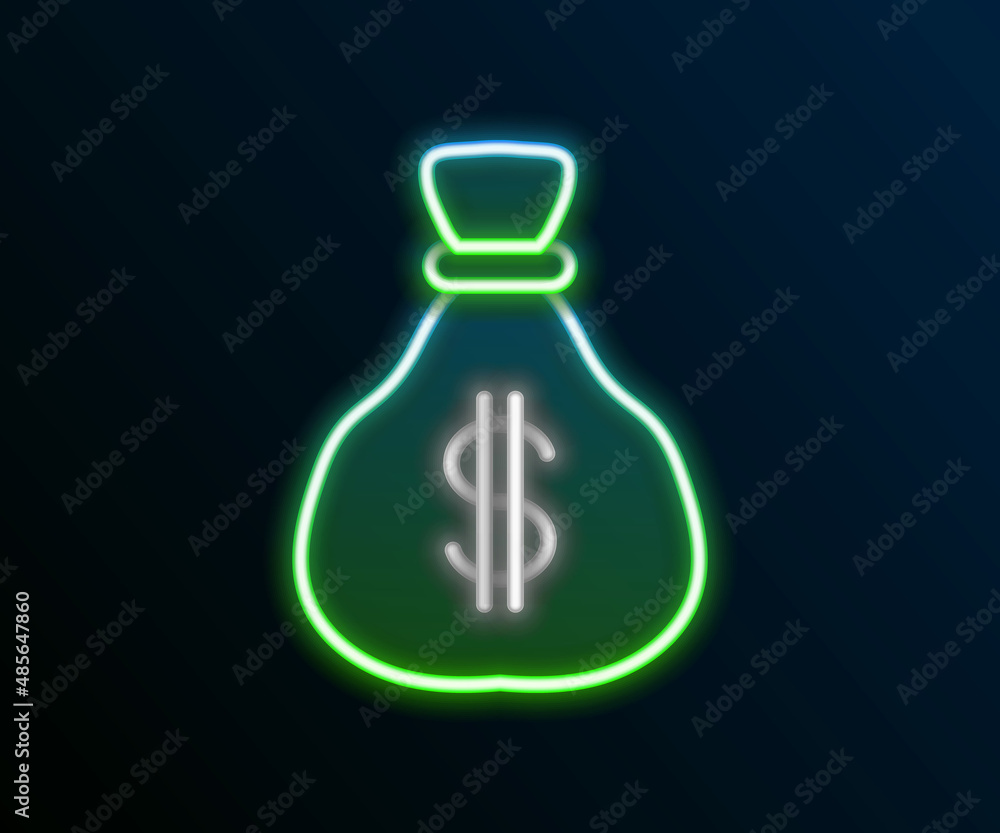 Glowing neon line Money bag icon isolated on black background. Dollar or USD symbol. Cash Banking currency sign. Colorful outline concept. Vector Glowing neon line Money bag icon isolated on black background. Dollar or USD symbol. Cash Banking currency sign. Colorful outline concept. Vector