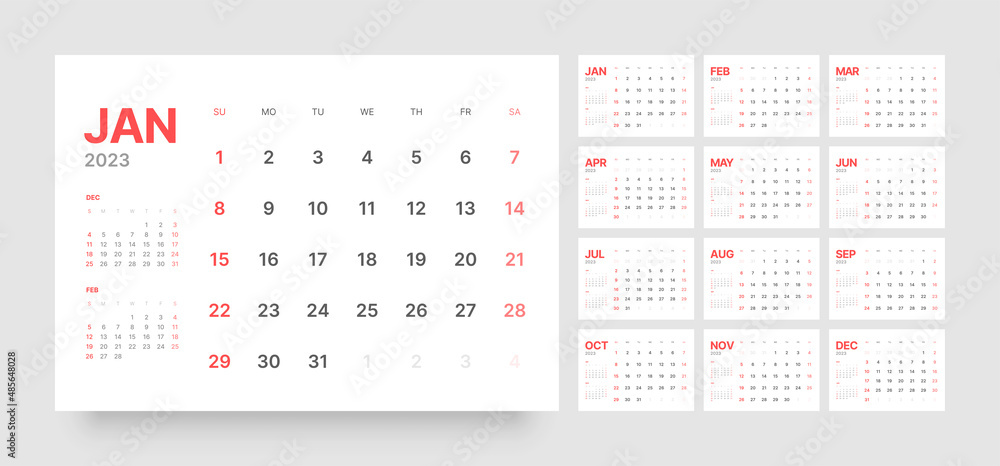 Monthly calendar for 2023 year. Starts on Sunday. Stock Vector | Adobe