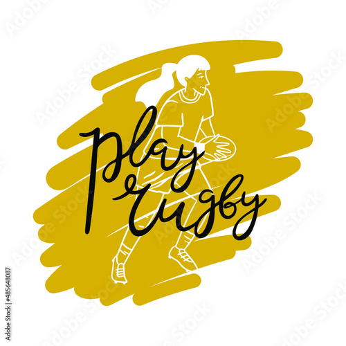 Play rugby confirmation. Game flat vector banner template. Competition, contest announcing poster design idea. Girl with ball on yellow background, female rugby player