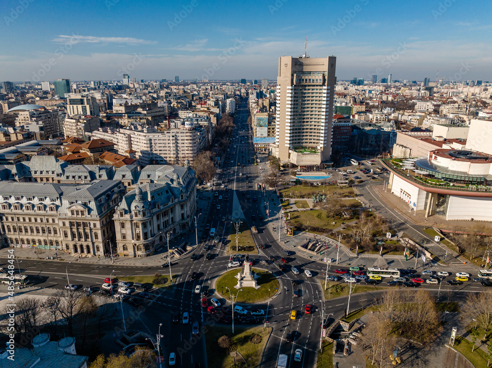 Aerial view of a city downtown on a sunny day