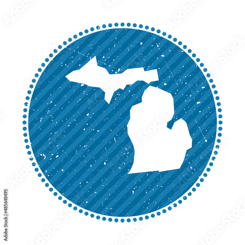 Michigan striped retro travel sticker. Badge with map of US state, vector illustration. Can be used as insignia, logotype, label, sticker or badge of Michigan.