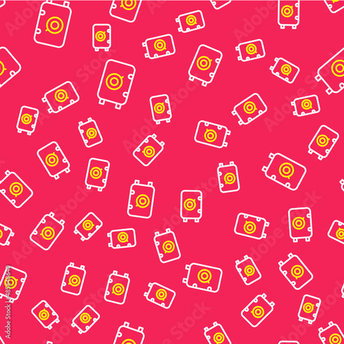 Line Safe icon isolated seamless pattern on red background. The door safe a bank vault with a combination lock. Reliable Data Protection. Vector