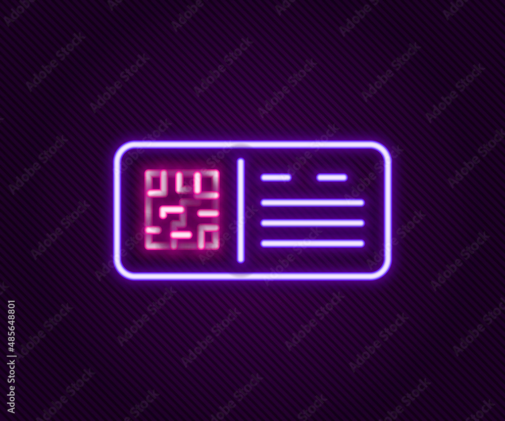 Glowing neon line QR code ticket train icon isolated on black background. Colorful outline concept. Vector Glowing neon line QR code ticket train icon isolated on black background. Colorful outline concept. Vector