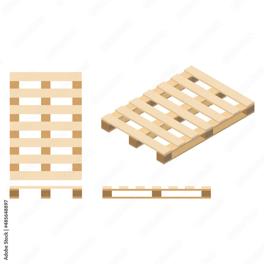 Wooden pallet. Top, front and side view, isometric view. 3D Render. Vector illustration. Wooden pallet. Top, front and side view, isometric view. 3D Render. Vector illustration.