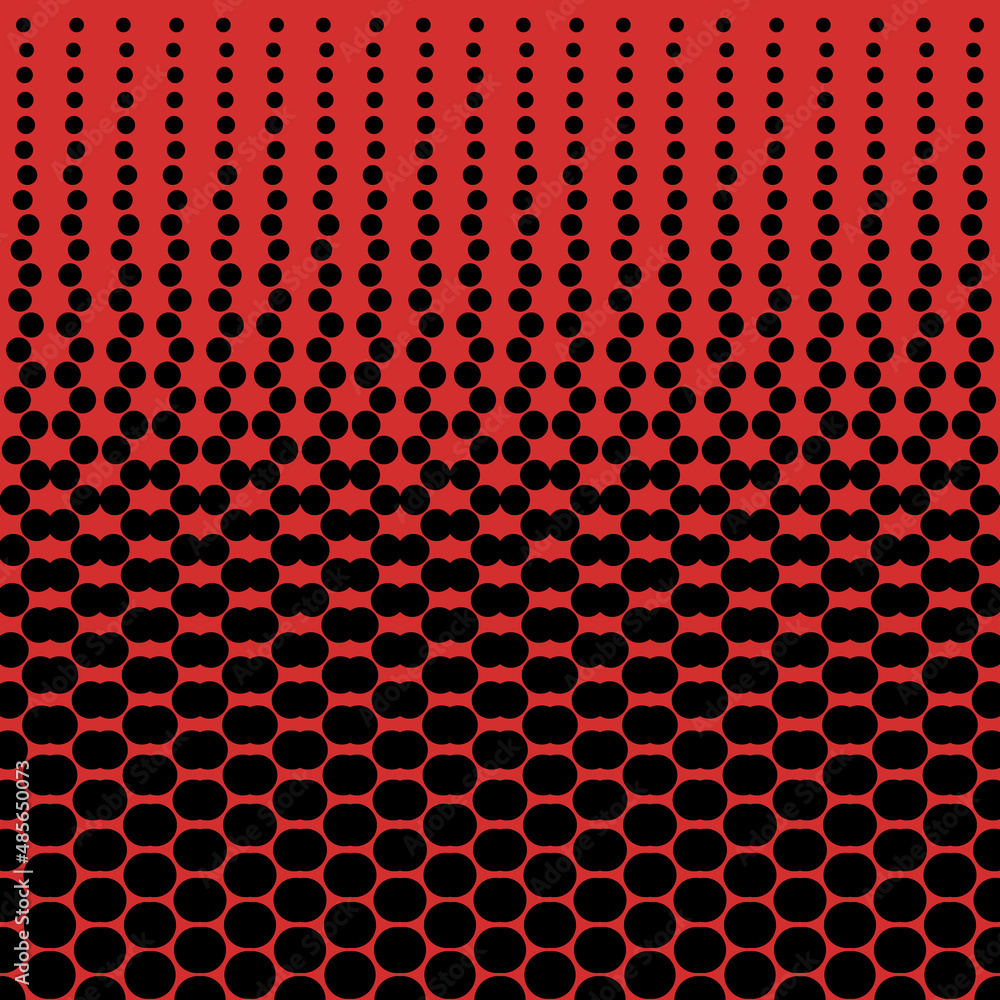 Abstract seamless geometric circle pattern. Mosaic background of black circles. Evenly spaced shapes of different sizes. Vector illustration on red background Abstract seamless geometric circle pattern. Mosaic background of black circles. Evenly spaced shapes of different sizes. Vector illustration on red background