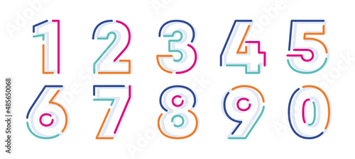 Abstract numbers, colorful linear set. Modern numeric lines with new pop art colors. Font number template. Set thin line clean style to design.