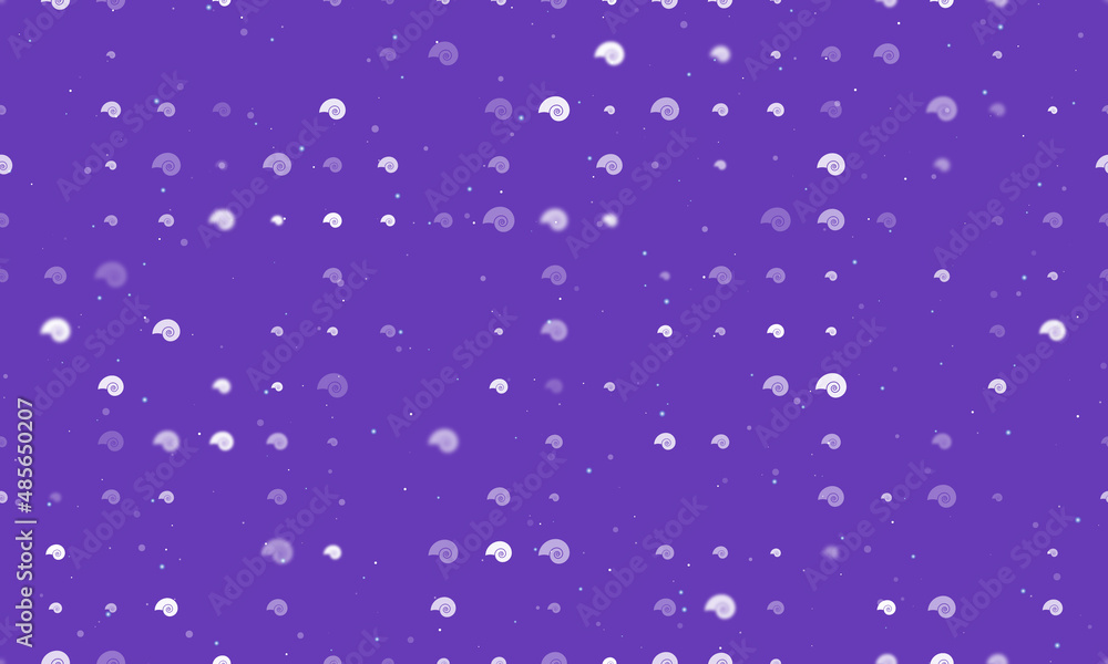 Seamless background pattern of evenly spaced white marine nautilus symbols of different sizes and opacity. Vector illustration on deep purple background with stars
