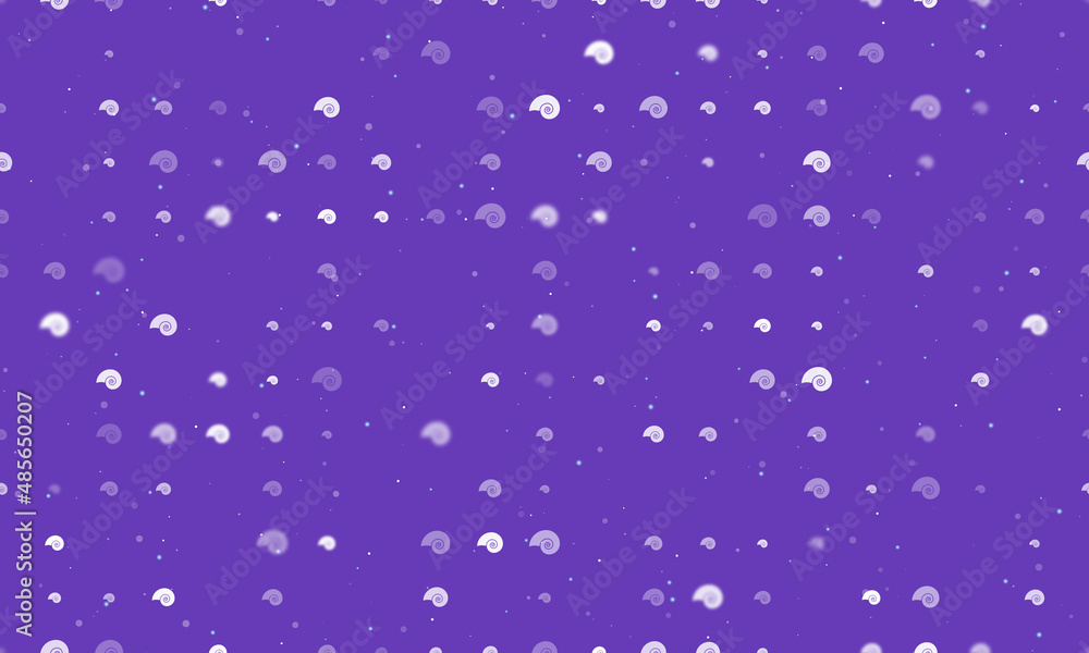 Seamless background pattern of evenly spaced white marine nautilus symbols of different sizes and opacity. Vector illustration on deep purple background with stars Seamless background pattern of evenly spaced white marine nautilus symbols of different sizes and opacity. Vector illustration on deep purple background with stars