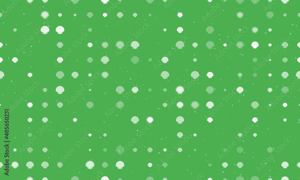 Seamless background pattern of evenly spaced white sea shell symbols of different sizes and opacity. Vector illustration on green background with stars