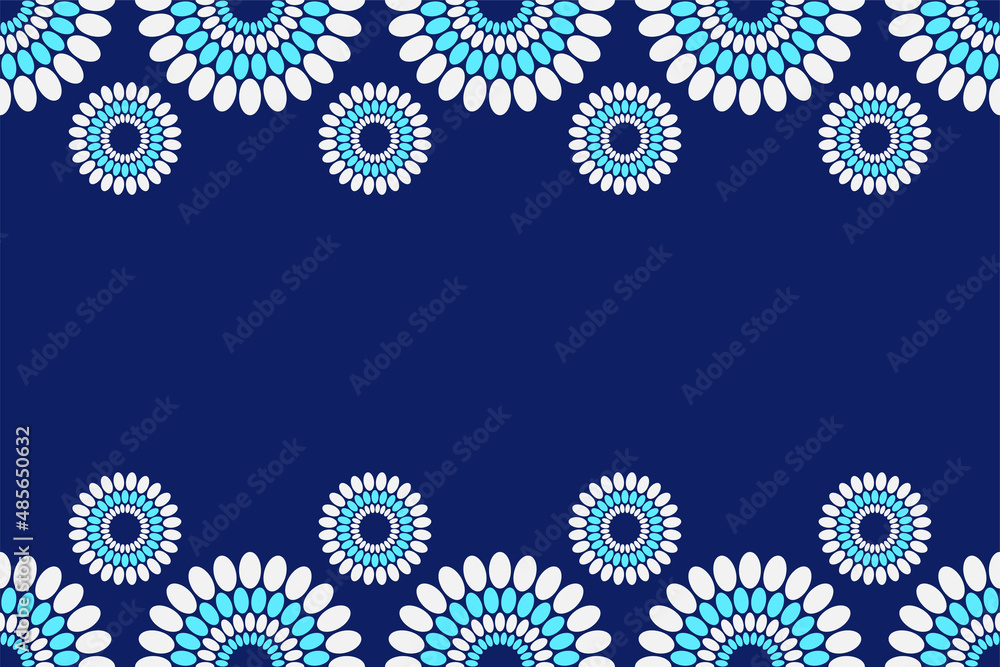 Seamless horizontal border pattern with circles, round shapes. African fashion vector pattern. White and blue shapes. Space for text. Vector color background.