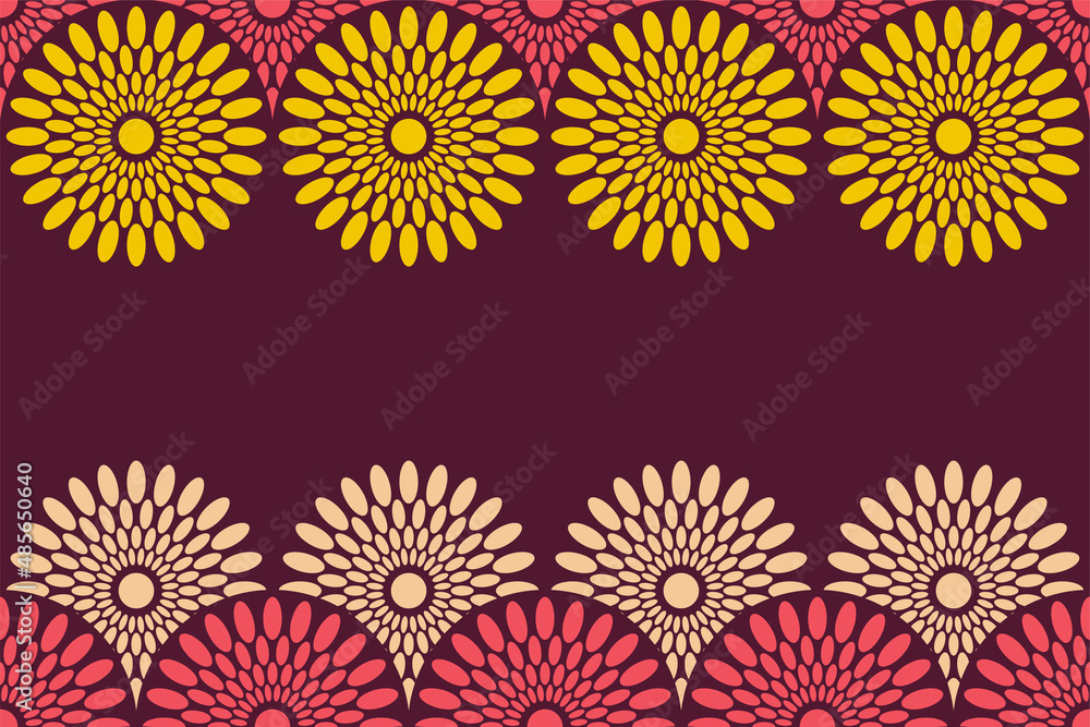 Seamless horizontal border pattern with circles, ornamental round shapes. African fashion vector pattern. Red, yellow, beige colors. Textile, fashion pattern. Space for text. Vector color background.