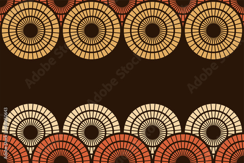Seamless horizontal border pattern with striped circles, round shapes. African fashion vector pattern. Space for text. Vector color background for Fabric Print, Scarf, Shawl, Carpet, Kerchief.