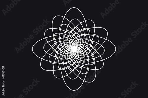 White lines Spirograph tunnel or flower spiral logo on black background. Vector illustration.