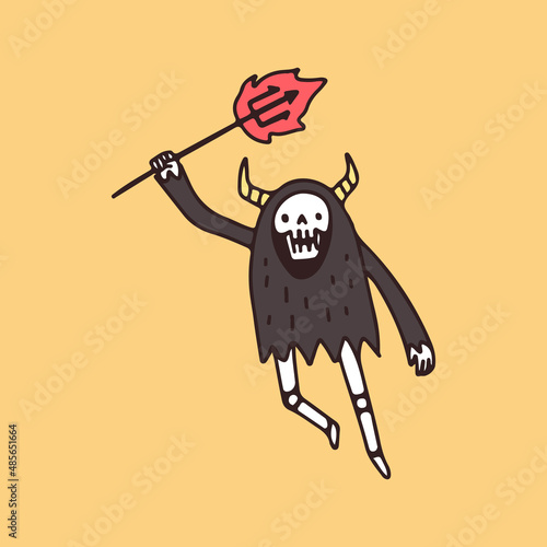 Devil skull holding trident with fire, illustration for t-shirt, sticker, or apparel merchandise. With retro cartoon style.