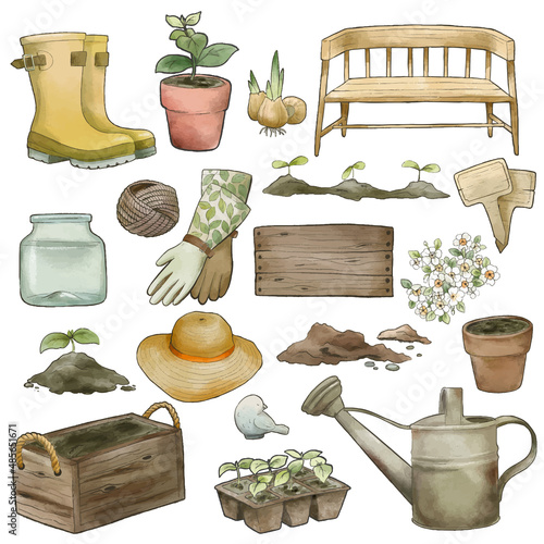 Gardening tools set, vintage watercolor art, hand drawn