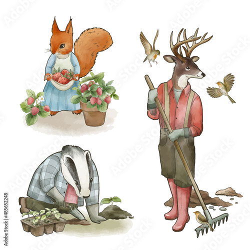 Collection of dressed animals doing gardening, hand drawn