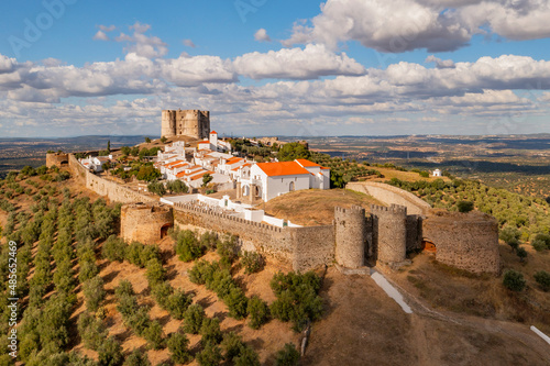 Aerial view of Evoramonte castle, a fort on hilltop, Evora, Portugal. photo