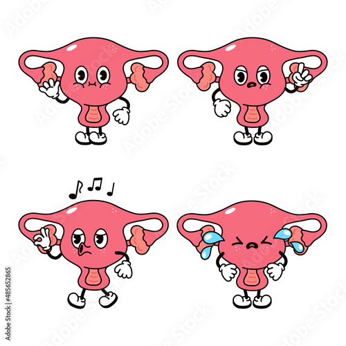 Funny cute uterus character bundle set. Vector hand drawn doodle style traditional cartoon vintage, retro character illustration icon design. Isolated white background. Uterus mascot character