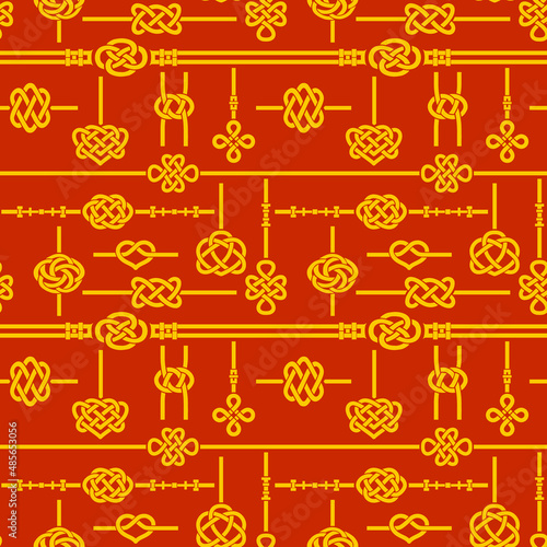 Seamless pattern in chinese style. Red and gold template symbols, knots - heart, flower, infinity, double coin. Ethnic ornament .Trendy print for design. Vector clipart,